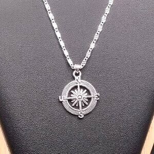 925 Silver Necklace W/ Ornate Compass Pendant Navigation Vtg Men's Birthday Gift